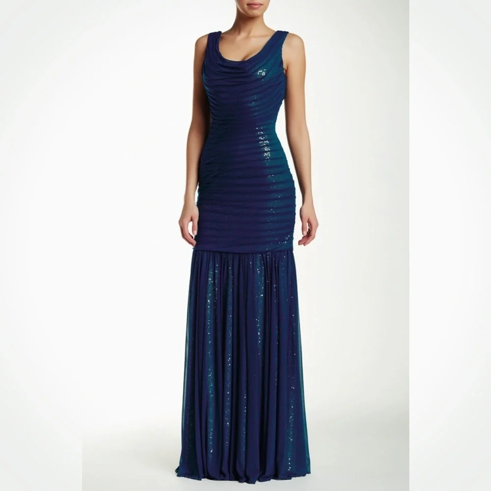 La Femme Navy Blue & Gold Sleeveless Sequin Gown